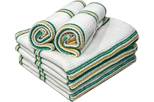 Towelogy® 5 Pack Cotton Dish Cloths Waffle Weave White Super Absorbent LINT FREE QUICK DRY Striped Kitchen Tea Towels Dishcloths for Washing Up Machine Washable 35x40cm (White Green/Yellow Stripes)