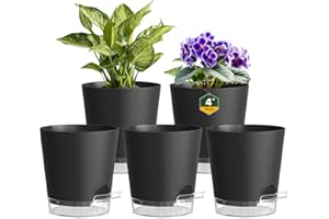 Homeuouz 5er Set Selbstbewässerungstopf 10cm – Kleine Blumentöpfe & Übertöpfe mit Untersetzer in Matt für Zimmerpflanzen & Küche, Perfekt als Kräutertopf, Schwarz-Klar