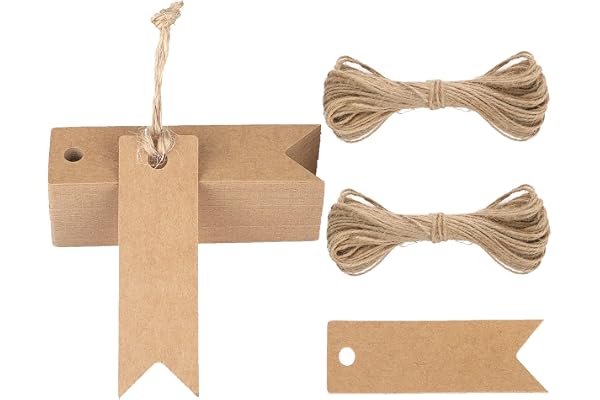 G2PLUS 100 Étiquettes Kraft 7x2cm - Etiquette Craft Pour Cadeaux, Mariage, Noël - Avec 20M de Ficelle de Jute-Marron