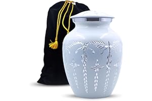 HIND HANDICRAFTS Aluminium Cremation Urn for Human Ashes Adult - Handcrafted Funeral Memorial Ash Storage - Affordable (5" x 5" x 7.5" - 100 lbs, Matte White) With Bag