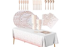 BOLIHOMES Rose Gold Party Tableware,114 Pcs Rose Gold Foil Dots Party Supplies Dinnerware Set, Party Tableware, Paper Cups Plates Napkins Tablecloth for Birthday,Weddings,Anniversary Decorations (16 Guests)