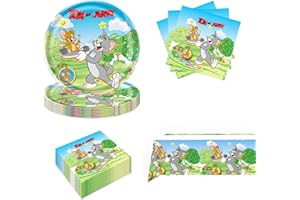 Omto 41Pack Tom and Jerrys Party Supplies include 7" 20Pcs , 20 napkins 1 Tablecloth for Cat and Mouse birthday party decoration, S535, Red