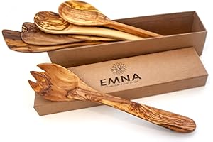 EMNA - Juego de utensilios de cocina de madera de olivo de 5 piezas | Una exquisita idea de regalo para los amantes de la cocina | Regalo gourmet | Belleza hecha a mano para exploradores culinarios |