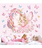 Stickers Muraux Licorne Fille - Autocollants Chambre Enfant Rose Papillons Poussière De Fée Décoration Bébé