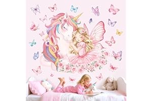 ‎DECALMILE decalmile Wandsticker Einhorn Prinzessin Rosa Wandtattoo Schmetterling Blumen Wandaufkleber Mädchen Kinderzimmer Schlafzimmer Babyzimmer Wanddeko