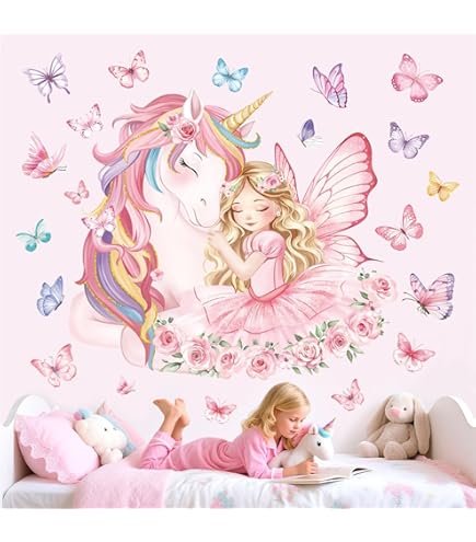 Eenhoorns, regenboog, wolken en sterren Gepersonaliseerde herpositioneerbare stoffen muursticker voor kinderkamer of meisjeskamer, milieuvriendelijke herbruikbare sticker - België