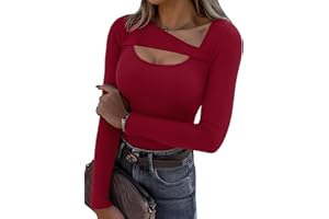 Aottori Maglia Donna Manica Lunga con Scollo Asimmetrico Maglietta a Costine Aderente Basic Top Slim Fit Elegante T-Shirt Elasticizzato Tinta Unita Casual