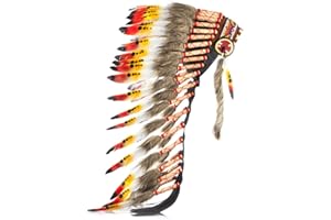 Pink Pineapple Tocado Hecho a Mano Inspirado en los Nativos Americanos: Equipo de Plumas Genuino de Adultos - Longitud Mediana - Naranja, Rojo y Negro