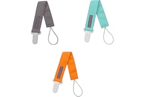 KARIDS Dummy Clips with Plastic Clasp - Unisex Plain Leash Teething & Soother Holder for Child Binky, Bib, Mini Stuffed Toys | Lightweight Ribbon Colored Strap with Gray, Orange, Mint Green | 3-Pack