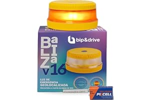 BIP & DRIVE Baliza V16 Homologada DGT con Geolocalización | Luz de Emergencia Coche LED 360° 1km | Conectada Plataforma DGT 3.0 | Resistente a la Lluvia | con Indicador de Batería y Base Imantada | Bip&Drive