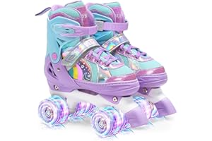 OLYSPM Patins à roulettes pour Enfants, 8 Roues Lumineuses et 4 Tailles réglables, Patins à Quatre Roues avec Sac de Rangement, Patins à roulettes à Double rangée pour Filles, garçons et débutants