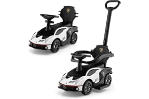 COSTWAY 3 in 1 Ride on Push Car, Licensed Lamborghini Foot to Floor Slider with Removable Push Handle & Guardrail, Horn Sound and Under Seat Storage, Toddler Slider Walker for Boys Girls (White)