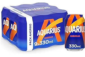 AQUARIUS Naranja, Bebida Hidratante con Sales Minerales, Baja en Calorías - Pack 9 latas 330 ml