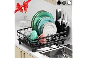 SPUSEN Dish Drainer Rack, Space-Saving Stainless Steel Dish Racks for Kitchen Counter,Dish Drainer with Removable Utensil Holder Drainboard (Black)
