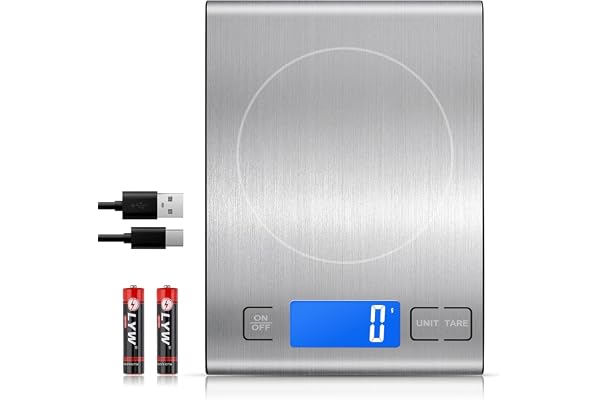Diyife 15 kg köksvåg av 304 rostfritt stål, uppladdningsbar matvåg | digital våg brevvåg med LED-display och Tara-funktion, batterier och typ C-laddning