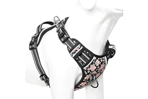 HEELE Harnais pour Chien, Harnais Réfléchissant Anti-Traction pour Moyen Grand Chien avec Poignée Rembourrée, 1 Boucle sur la Sangle de Cou Droite pour Un Dégagement Rapide, Floral-Noir, M