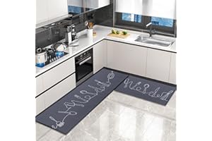 OPLERT 2 Pieces Kitchen Rugs and Mats,Kitchen Floor Mats Non Slip Washable,for Kitchen,Hallway,Living Room,Bedroom,Grey,43x75+43x150cm