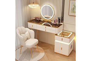 YALMOND Zestaw biurkowy z lustrem i 5 szufladami, 100 cm / 80 cm, toaletka z krzesłem, toaletka do sypialni, z miejscem do przechowywania, drewniany biały/szary toaletka ze światłami LED (biały + brązowy top