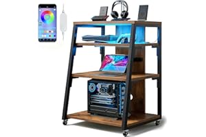 MORARISE HIFI Stand Record Player Stand,4-Tier AV Media Tower With RGB LED Lights&Charging Station,HiFi Rack With 2 Adjustable Shelves & 4 Hooks & Wheels,Industrial TV Stand,Printer,Media Audio Tower Cabinet