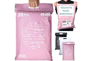 EMBALLAX - 20 Pochettes d’Envoie Colis Vinted avec Pochette pour Bordereau - Grand Format XXL 60x45cm - Enveloppe Plastique Expédition Résistante - Emballage Envoie Vetement Boite Sac - Poignée Merci