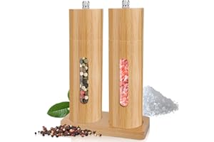 BOCHION Salt and Pepper Grinder Set, Wood & Refillable Manual Salt & Pepper Mill with Wooden Tray, Pepper Mills & Salt Grinder Shaker, Kitchen Hand Spice Grinder