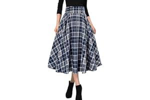 MGizo DtiSpectrum Karierte Faltenröcke für Damen – Vintage-Knopfleiste Vorne, Hohe Elastische Taille, Tartan, Midilänge, A-Linie, Ausgestellter Faltenkilt