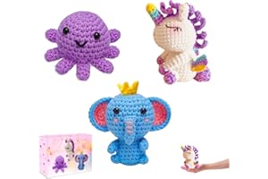 Knitiss Crochet Kits for Beginners, Crochet Animal Kit for Adults and Kids with Complete Material and Tutorial, Crochet Animal Kits Unicorn,Octopus, Elephant