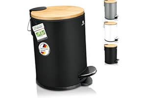 Exitoso Cestino Bagno Nero da 3 litri - Pattumiera Bagno Piccola con Coperchio e Pedale Design Nero - Cestini Secchio Bidone Spazzatura Rifiuti Immondizia da Bagno Metallo Bambu Cucina con Coperchio