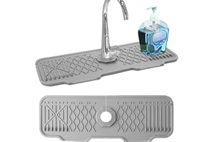 ADOV Alfombrilla para grifo de fregadero, protector de salpicaduras de silicona para encimera de cocina, baño, autodrenante, antideslizante, soporte para jabón y esponja, bandeja colectora de goteo y