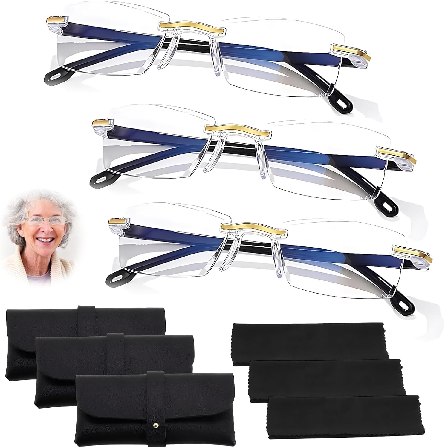 3 Pcs Gafas Autograduables Inteligentes,Gafas Inteligentes Autograduables,PresbiciaGafa de Lectura Gafa Con Zoom Automático Y Protección Contra La Luz Azul,Con 3 Paño Limpieza y 3 Estuche Para Gafa