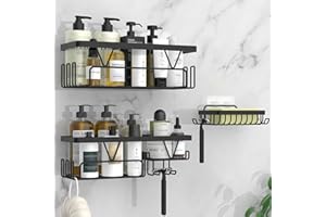 Kegii Shower Caddy, Bathroom Shelf Organiser No Drilling, Adhesive Shower Storage Rack with Soap Razor Holder, Bathroom Accessories, Black, 3 Pack