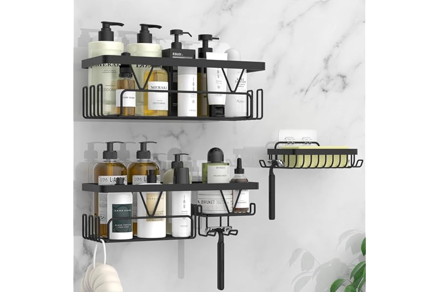 KEGII Shower Caddy, Bathroom Shelf Organiser No Drilling, Adhesive Shower Storage Rack with Soap Razor Holder, Bathroom Accessories, Black, 3 Pack