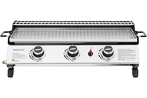 Royal Gourmet Plancha Gaz Propane en Acier Inoxydable, 3 Brûleurs Puissance 7.5kW, Surface Cuisson 61,5 x 32cm avec Grille de Réchauffage, Adapté pour Le Camping et l' Extérieur, Argent