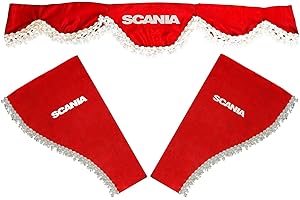 AutoCommerse Set di 3 tende mantovana in raso con nappe bianche parabrezza visiera anteriore + finestrini laterali per camion Scania S R P L G serie camion HGV ROSSO