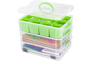 Creahaus 3 Layer Plastic Stackable Storage Boxes with Lid & Removable Tray,Storage Containers Multipurpose Portable Clear Organizer Carry Box for Organizing Art Craft,Sewing, Bead, Tool (Green