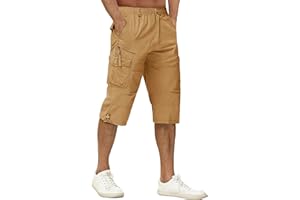 TACVASEN Men's 3/4 Length Shorts Cotton Casual Capri Cargo Shorts Cropped Trousers with Multi Pockets
