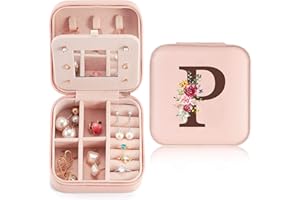 Sinekong Portagioie con Nome Iniziale P e Fiore Scatola Portagioie da Viaggio Mini Organizzatore di Gioielli con Specchio Donne Ragazze Piccolo Regalo per Compleanno Proposta Damigella