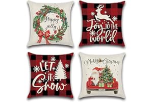 Sungeek Wesołych Świąt dekoracyjne poszewki na poduszki Święty Mikołaj, choinka, czarny, czerwony, bawół, krata, łoś, dekoracja domu, lniana poszewka na sofę, zestaw 4 szt., 50 x 50 cm