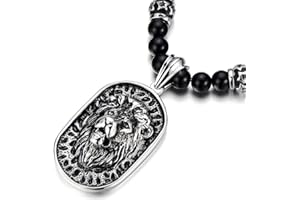 COOLSTEELANDBEYOND Gotischen Stil Herren Onyx Perlen Halskette mit Löwenkopf Schild Anhänger aus Edelstahl