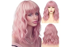 AOWVUTS Perruque Courte Bob avec Frange pour Femme, Longueur d'Épaule, Perruque Bouclés Ondulée 15 Pouces, Cheveux Synthétiques Naturels, Résistante à la Chaleur, Quotidien Cosplay (Rose)