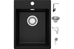 Lavello Cucina Nero 38x50 cm, Lavello in Granito 1 Vasca + Set di Scarico + Rubinetto, Lavello al mobile 40cm, Lavello ad Incasso di Primagran