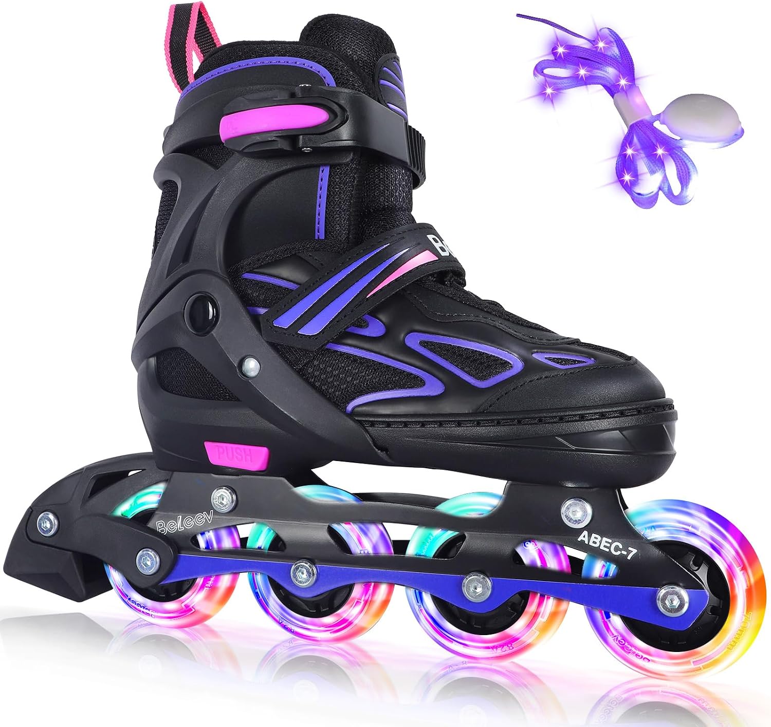 BELEEV Patines en Línea para Niños con Cordones y Ruedas Luminosas LED, Austables Patines Ideal para Niña Niño Principiantes Hombres Mujeres, Interiore Exteriores, Regalos cumpleaños Navidad