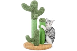 PAWZ Road Arbre à Chat Griffoir - Poteau Griffoir Chat Cactus en Sisal avec Pompon Suspendu - 3 Poteaux en 1 Ensemble, Marron, Taille M 53cm