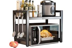 AHSBND Mikrowellen Regal Ausziehbar Mikrowellenschrank Organizer: Ofengestell Küchenregal Stehend Gewürzregal mit 6 Haken für Arbeitsplatte Bäckereiregale (Schwarz)