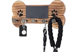 Nekon Dog Leash Holder for Wall - Wooden Key Holder Wall Mount for Entryway Organization - Pets Accessories Storage with Chalkboard and Hooks (Brown)