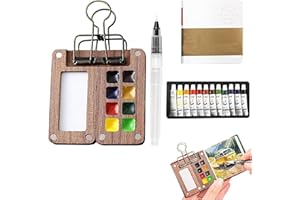 Xinrongda Paleta Portátil de Madera de 8 Rejillas, Juego de Acuarela de Viaje con Clip de Metal, Paleta de Pintura de Acuarela de 12 Colores con Bolígrafo, Mini Cuaderno de Dibujo