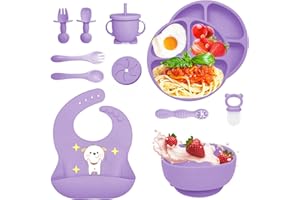 Bizcasa Vajilla Bebe Silicona, 12 Piezas Vajilla de Silicona para Bebés Antideslizante con Plato Cuenco Babero Taza, Cubiertos Bebe, Baby Led Weaning, Cubiertos Infantiles, Sin BPA (Púrpura)