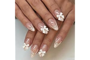 Irikdescia Lot de 24 faux ongles à presser en forme d'amande, taille moyenne, avec nœud, nude, perles et nœud