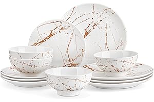 LOVECASA Plates and Bowls Set, Daphne 12 Pieces Stoneware Dinner Set, Include Dinner Plates, Dessert Plates and Cereal Bowl, Dishwasher and Microwave Safe, White