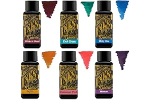 Diamine - Tinta para pluma estilográfica de 30 ml - Rueda de color - 6 botellas - Writers Blood, verde frío, azul brumoso, sepia, rosa flamenco, damson